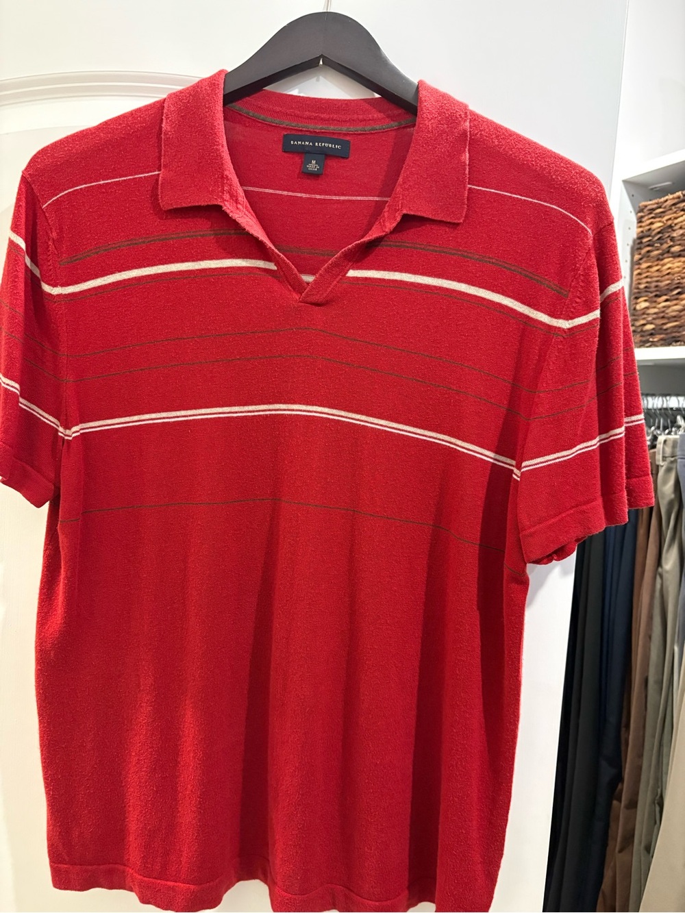Banana Republic Red Short-Sleeve Polo Shirt with Striped Detail